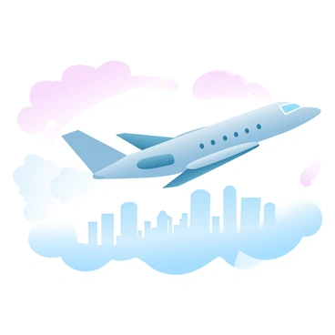 A private jet is ascending into the sky, leaving a trail of white vapor behind. The jet features sleek, modern lines and glistening metallic surfaces. In the distance, a sprawling city skyline can be seen, featuring tall skyscrapers and various building shapes. The city is bathed in gradient pastel colors, enhancing the overall scene. The sky above the jet transitions from soft pinks to gentle blues, creating a serene backdrop for this moment of ascent.