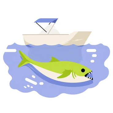 A piranha with sharp teeth and a sleek body is swimming underneath a small boat. The boat has a white hull and a blue canopy, casting a shadow over the water. The river's surface is glistening with reflections, while patches of light filter through the boat's shadow. The piranha is surrounded by swirling water currents, enhancing the sense of movement.