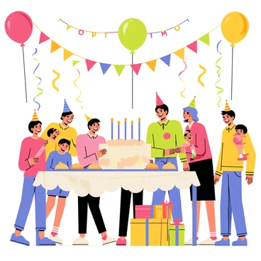 A vibrant birthday party scene with colorful banners and streamers hanging from the ceiling