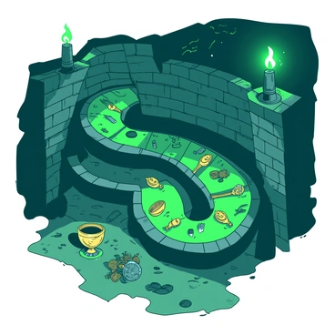 An underground labyrinth is illuminated by eerie green torches mounted on the stone walls. The twisted pathways are lined with ancient bricks, showing signs of wear and age. Scattered throughout the labyrinth are various hidden treasures, including ornate gold goblets, sparkling jewels, and intricately designed artifacts. Shadows dance across the uneven ground as the flickering torchlight reveals dark corners and mysterious openings. The atmosphere is filled with a sense of adventure and discovery.