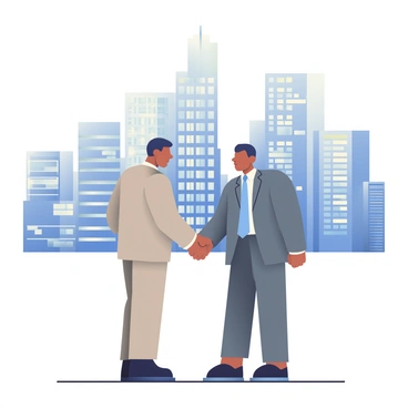 Two business partners are standing in the foreground, engaged in a handshake. The first partner has a light brown suit and short black hair, while the second partner is wearing a dark gray suit with a white shirt and a blue tie. Both of them have confident expressions. Behind them, a skyline filled with tall skyscrapers towers against the sky. Some buildings are made of glass reflecting the sunlight, and others have a more traditional brick facade. The scene conveys a sense of professional collaboration and urban energy.