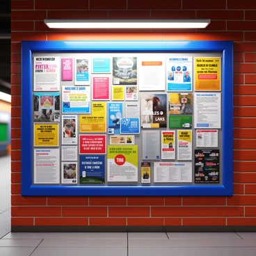 A noticeboard in a subway station, densely packed with colorful flyers and posters. The flyers feature various events, services, and local businesses, displaying bright graphics and bold text. Some posters advertise concerts, while others promote community events. The noticeboard is mounted on a brick wall, with a few edges slightly curled and a mix of different paper textures. Surrounding the noticeboard, the subway station has concrete flooring and overhead fluorescent lights casting a bright glow on the scene.