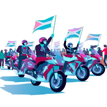 A dynamic parade of sleek motorcycles, each with polished chrome accents and colorful designs. The riders, dressed in leather jackets and helmets, are confidently navigating the street on their bikes. They are energetically waving vibrant flags that flutter in the wind, displaying a variety of colors and symbols. The scene captures the excitement of the event, with crowds lining the street, cheering and taking pictures as the motorcycles roar past. Bright sunlight casts reflections off the motorcycles, enhancing the lively atmosphere of the parade.