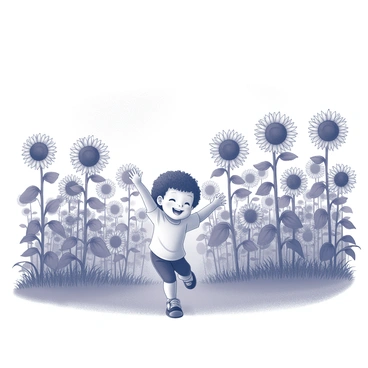 A vast field filled with numerous sunflowers, their tall stems swaying gently. In the foreground, a child is running energetically through the field, arms spread wide. The child's face shows joy and excitement, embodying a sense of freedom and adventure. The sunflowers stand tall around the child, their large flower heads facing the sun. The sky is visible above, providing a sense of openness and space.