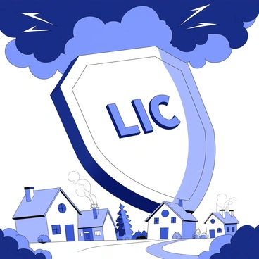 A giant shield labeled "LIC" stands prominently in the foreground, its surface gleaming as it faces the sky. The shield is large enough to cover the rooftops of the small village nestled beneath it. The village consists of several quaint houses with smoke rising from chimneys, surrounded by lush greenery. Above, dark, stormy clouds gather ominously, creating a stark contrast with the peaceful village below. The shield appears to be absorbing the stormy energy, creating a barrier that protects the village. Flashes of lightning can be seen in the clouds, emphasizing the ferocity of the approaching storm.