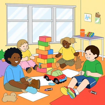 A bright and cheerful kindergarten classroom filled with sunlight streaming through large windows. There are several young children with diverse appearances, including a boy with curly black hair wearing a blue shirt, a girl with straight blonde hair wearing a yellow dress, and another child with brown pigtails in a green t-shirt. They are sitting on a colorful carpet surrounded by a variety of toys. 

A stack of large, brightly colored building blocks is being used by a girl as she constructs a tower, while another boy is rolling a red toy car across the floor. A small table nearby holds a set of rainbow-colored crayons and blank sheets of paper where some kids are drawing. Soft, plush animals are scattered around the room, inviting the children to play. The walls are adorned with cheerful artwork made by the children, brightening up the lively atmosphere.
