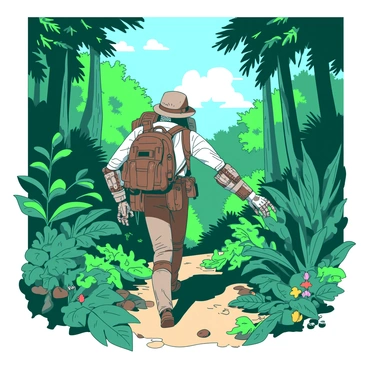 An explorer with a mechanical arm is moving carefully through a dense jungle filled with lush green foliage and towering trees. The explorer is wearing a rugged outfit complete with a utility belt loaded with tools and a backpack. Sunlight filters through the thick canopy above, casting dappled shadows on the ground. The mechanical arm, intricately designed with gears and metallic details, is reaching out to push aside large leaves as the explorer makes their way deeper into the vibrant greenery. Various exotic plants and colorful flowers surround the path, adding to the rich texture of the scene.