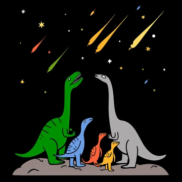 A group of dinosaurs of various species standing together on a rocky terrain, looking up at a meteor shower lighting up the night sky. The scene features a large Tyrannosaurus rex with green scales and sharp teeth, alongside a long-necked Brachiosaurus with a light gray body and a high neck. There are several smaller raptors with feathers in shades of blue and orange, their silhouettes outlined against the bright streaks of meteors. The sky is filled with sparkling stars mixed with vibrant meteors illuminating the dark atmosphere, creating an awe-inspiring ambiance as the dinosaurs gaze in wonder.