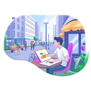 An illustrator sketching a busy city street while sitting at a cafe table