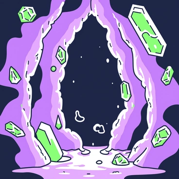 A deep cavern is visible, featuring walls adorned with clusters of glowing crystals. The crystals emit an ethereal light, illuminating various facets of the cavern. In the center, a dark abyss can be seen, leading to an unknown depth below. Jagged rock formations rise from the cavern floor, surrounding the abyss. Wisps of mist hover above the ground, adding an air of mystery to the scene. The interplay of light from the crystals casts intricate shadows across the cavern walls.