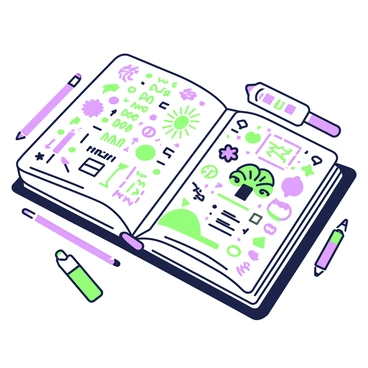A sketchbook is lying flat on a surface, featuring a variety of doodles and illustrations that spill over its cover. The doodles include whimsical shapes, small animals, and abstract patterns, all densely packed together. Some illustrations show playful scenes, like a tree with swirly branches and a sun with rays extending outward. The edges of the sketchbook are slightly curled, suggesting it's been used frequently. A few colored pencils and pens are scattered nearby, hinting at the recent activity. The background is softly blurred, keeping focus on the sketchbook and its vibrant cover designs.