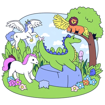 A gathering of various mystical creatures in a lush green glade. In the center, a vibrant green dragon with shimmering scales rests on a large rock. Nearby, a white unicorn with a spiraled horn stands gracefully, its mane flowing like silk. A griffin, with the body of a lion and the wings and head of an eagle, perches on a tree branch, surveying the scene. Colorful flowers and tall grass surround the creatures, while rays of sunlight filter through the trees, casting dappled shadows on the ground.
