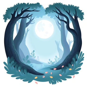A dense vintage forest with tall, ancient trees featuring gnarled branches and textured bark. The ground is covered with a mix of lush green ferns and scattered autumn leaves. A bright full moon is positioned high in the night sky, its soft light filtering through the treetops. The moonlight casts long, sweeping shadows across the forest floor, creating a sense of depth and mystery. Wisps of mist curl around the tree trunks, adding to the enchanting atmosphere. Silhouettes of various plants and underbrush can be seen in the illuminated areas, enhancing the magical feel of the scene.