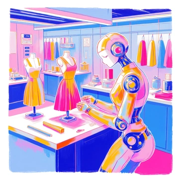 A robot is positioned at a high-tech workstation in a sleek futuristic workshop. The robot has articulated arms equipped with advanced tools for tailoring. It is focused on creating a 3D dress, which is displayed on a mannequin beside it. The dress is being adjusted with precise laser measurements emitted from the robot's instruments. The workshop features metallic surfaces and bright overhead lights, while various textile samples and high-tech equipment are arranged neatly in the background.