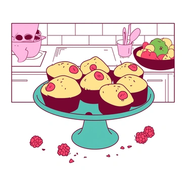 A white kitchen counter is adorned with a batch of freshly baked raspberry muffins placed in a round teal cake stand. The muffins have golden-brown tops, with visible pieces of juicy raspberries dotting the surface. A few raspberry crumbs are scattered around the stand, adding a touch of texture. In the background, there are hints of kitchen utensils and a colorful fruit bowl, creating a warm atmosphere.