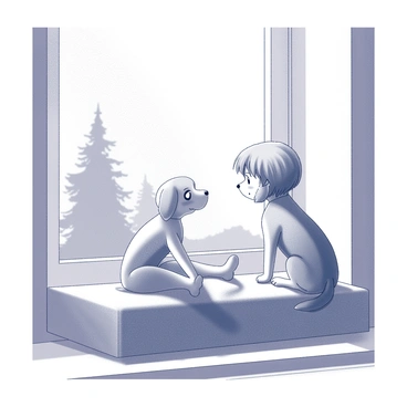 A child is sitting on a cozy window seat, their legs crossed and a slight smile on their face. The child has short hair and wears a comfortable sweater. Beside the child, a small dog with floppy ears is also perched, gazing intently outside. The window is large and framed, allowing a view of trees swaying gently in the breeze. Sunlight filters through the glass, casting soft shadows on the floor. Both the child and the pet share a moment of anticipation as they look out together.