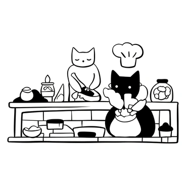 A cat with a small chef's hat and a matching apron stands on a wooden counter. It is skillfully holding a knife in one paw while slicing fresh fish. Beside the cat, there is a bamboo mat and various sushi ingredients neatly arranged. A small bowl of soy sauce sits on the counter, and a tray filled with beautifully prepared sushi rolls is displayed prominently. In the background, there are jars filled with pickled ginger and wasabi, creating a detailed scene of a sushi kitchen.
