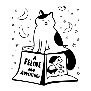 A Persian cat with a fluffy coat sitting atop a whimsical storybook, which is open to reveal colorful illustrations. The book is surrounded by scattered stars and crescent moons, with some stars twinkling in varying sizes. The background features a gentle night sky filled with more stars and moons that enhance the magical atmosphere. The title of the storybook is "A Feline Adventure," displayed prominently on the cover in ornate lettering.