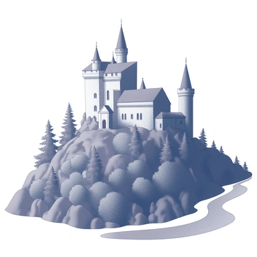A large castle sits at the top of a rocky hill. The castle has tall towers with pointed roofs and walls made of stone. The structure features multiple arched windows and a grand entrance with a large door. Surrounding the castle are dense forests, filled with various types of trees that create a thick canopy. At the base of the hill, a winding river flows gracefully, reflecting the castle's silhouette. The scene has a sense of elevation and grandeur, with the castle dominating the landscape.