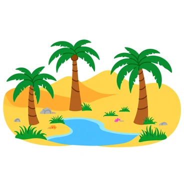 A lush desert oasis featuring tall, green date palms swaying gently. The oasis is nestled in a sea of golden sand dunes, creating a striking contrast. The palm trees cast long shadows on the soft sand, while small pools of clear water reflect the bright blue sky. Scattered around the oasis are patches of vibrant green grass and colorful wildflowers, adding splashes of color to the arid landscape. The warm sunlight bathes the scene, highlighting the textures of the sand and the leaves of the palms.