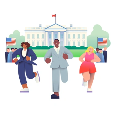 A group of diverse candidates is running energetically towards the White House in the foreground. There are three candidates: a woman with curly brown hair wearing a navy suit, a man with short black hair in a light gray suit, and a woman with straight blonde hair dressed in a red dress. Each candidate has a determined expression on their face as they race forward. In the background, the iconic White House looms with its white façade and green lawns. American flags are waving on the sides, and a crowd of supporters can be seen cheering along the sidelines. The sky is clear, adding to the lively atmosphere of the scene.