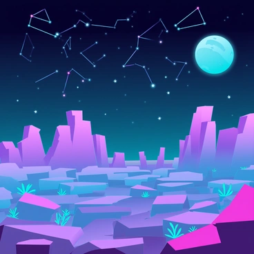 A vast alien landscape featuring surreal terrain with vibrant, unusual rock formations in various colors of purple, blue, and green. The ground is dotted with strange vegetation that glows softly in the dim light. Above, a dark sky is filled with unfamiliar constellations that twinkle brightly, featuring shapes and patterns not seen on Earth. A large, distant planet hangs low on the horizon, illuminating the scene with an otherworldly glow.