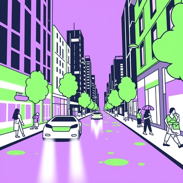 A bustling city street scene is depicted during a rainy evening. The street is lined with tall buildings, their windows illuminated, reflecting vibrant colors. People are walking with umbrellas, some hurrying while others stop to chat. Various storefronts are visible, featuring brightly lit signs and displays. Rain puddles collect on the pavement, mirroring the lights from both the buildings and the streetlamps. Cars can be seen navigating through the wet road, their headlights casting beams of light that shimmer in the puddles.