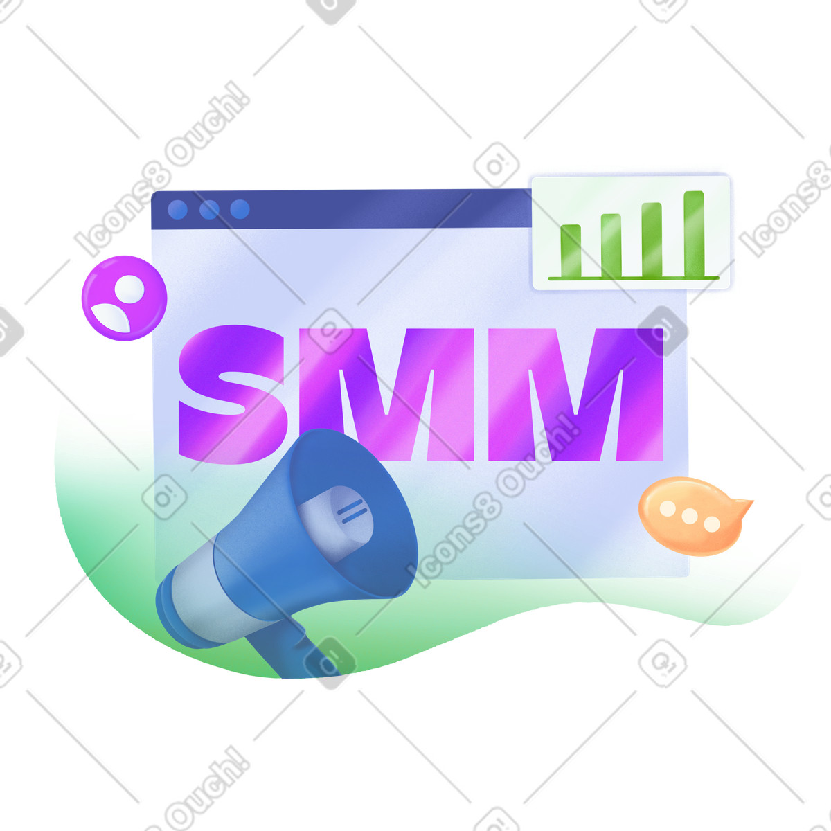 Lettering SMM with social media signs and megaphone text illustration in PNG, SVG
