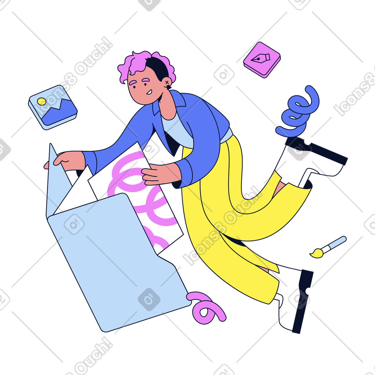 La giovane donna sta mettendo insieme il suo portafoglio illustrazione in stile Flexy scarica in PNG, SVG