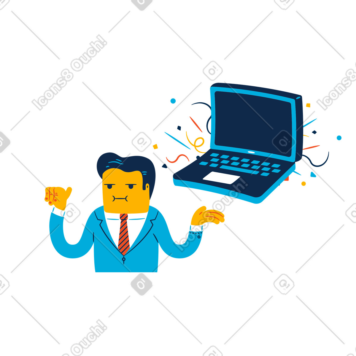 Uomo d'affari in piedi accanto a un computer portatile illustrazione stile Flame scarica PNG, SVG
