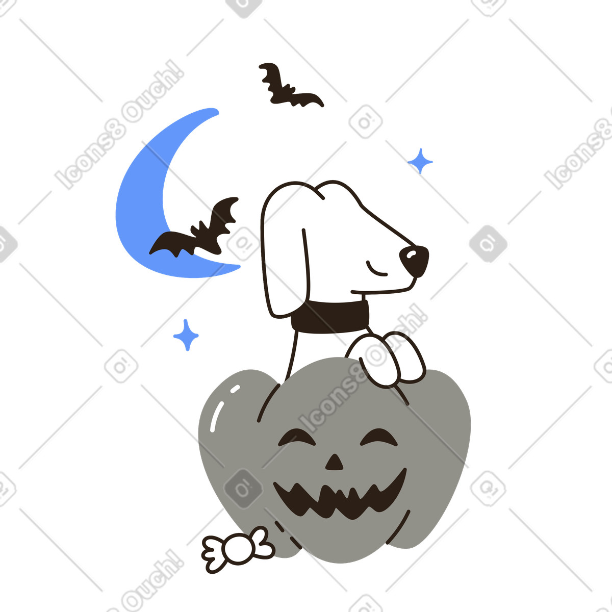 Perro feliz con una linterna de calabaza bajo la luna creciente, celebración de halloween illustration in PNG, SVG