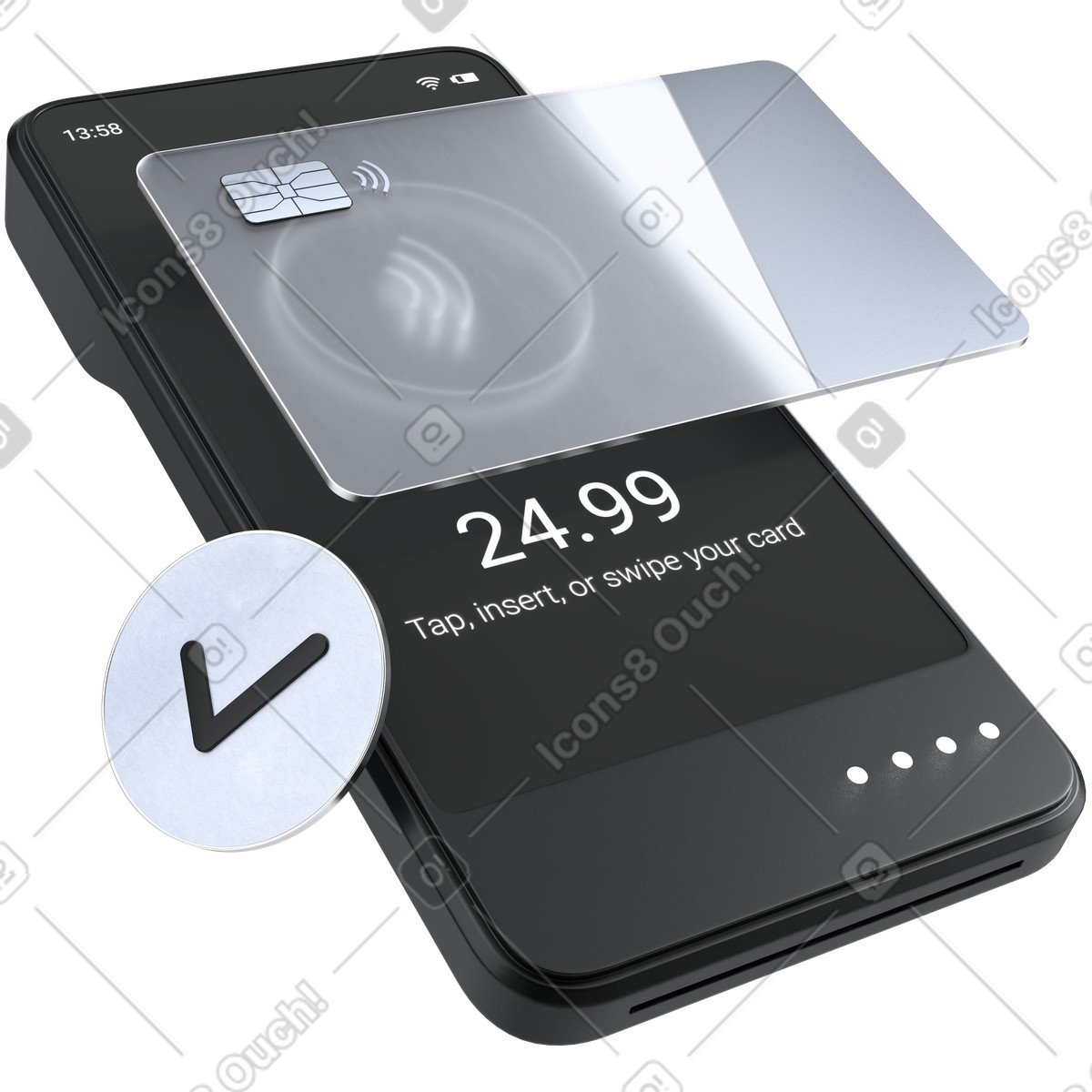 Ilustración Confirmación de pago sin contacto, tarjeta crédito nfc, transacción digital segura en estilo 3D Pro a descargar en PNG y SVG