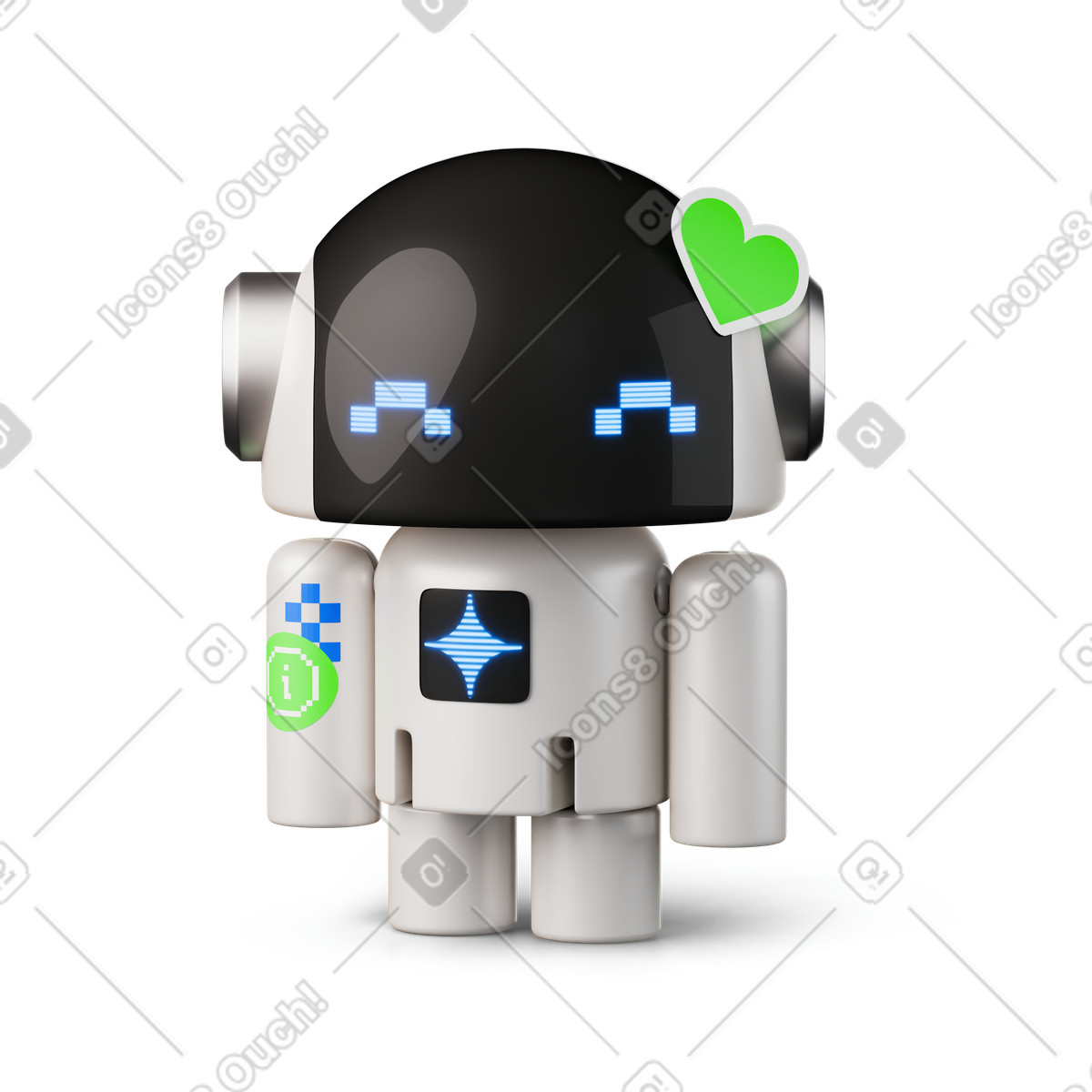 Ilustración Robot toy with digital face display and green heart badge en estilo 3D Stickle a descargar en PNG y SVG