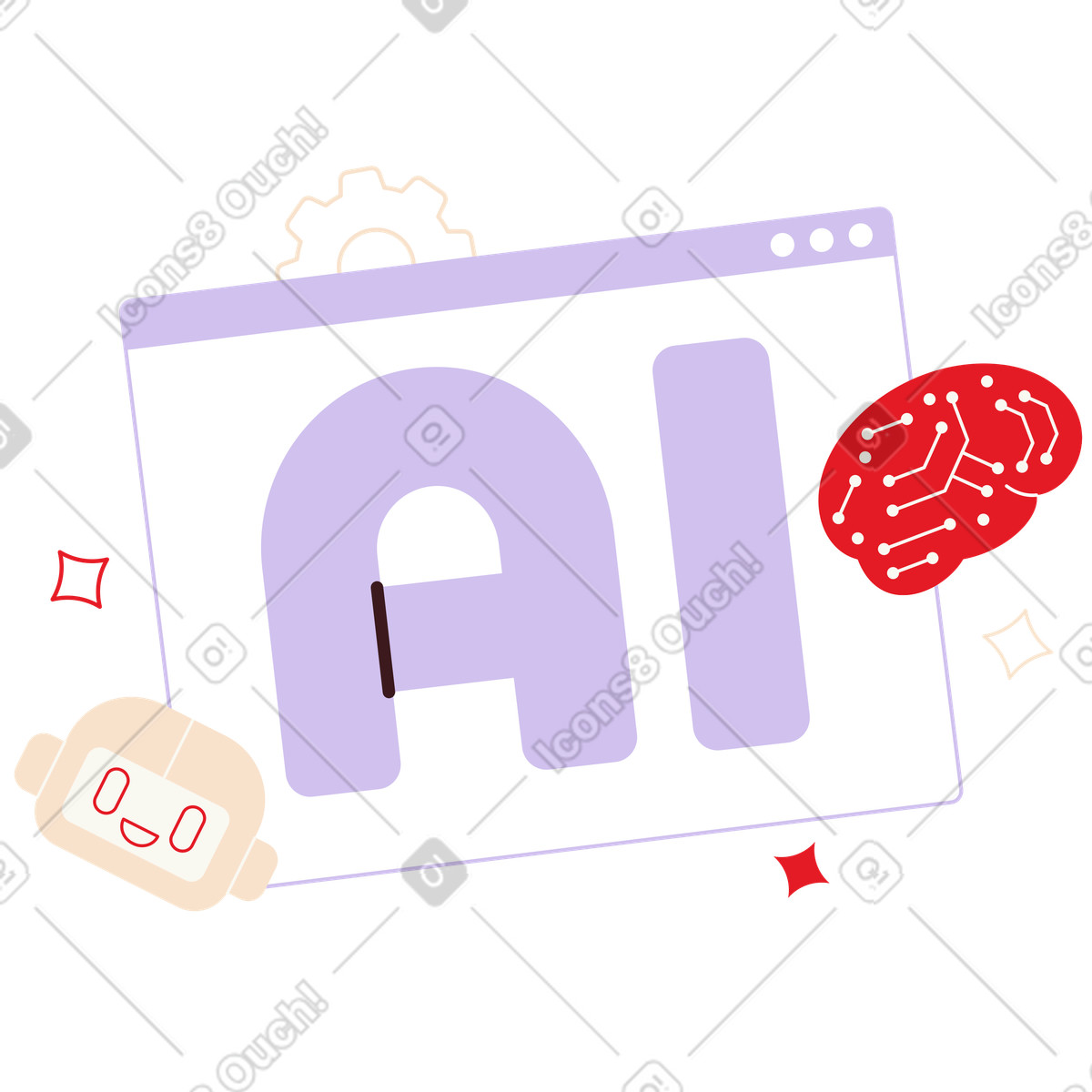 Ai letters in browser window with robot head and digital brain, online artificial intelligence tools illustration Folks style download PNG, SVG