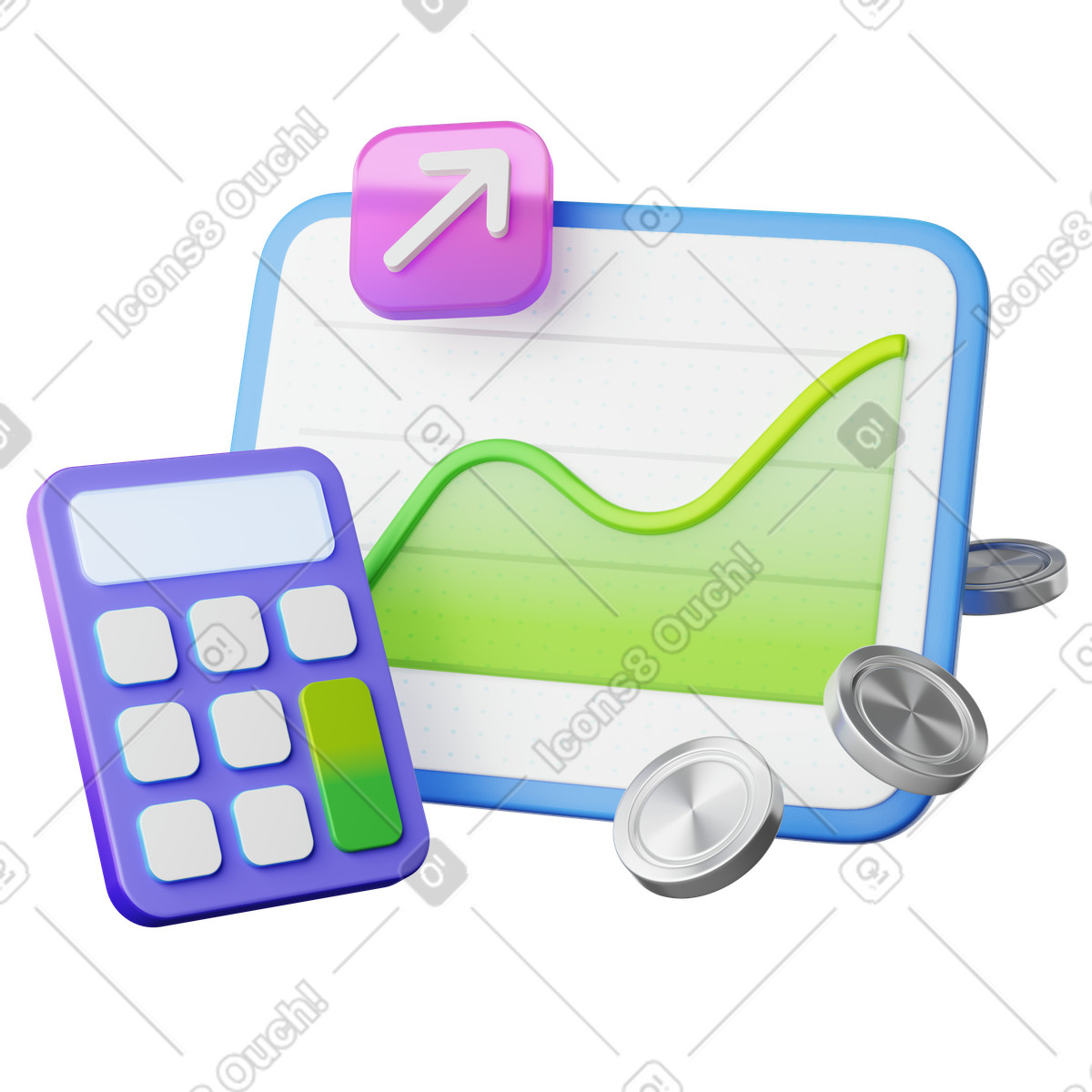 Ilustración Finance growth chart with calculator and coins indicating increasing revenue en estilo 3D Playful a descargar en PNG y SVG