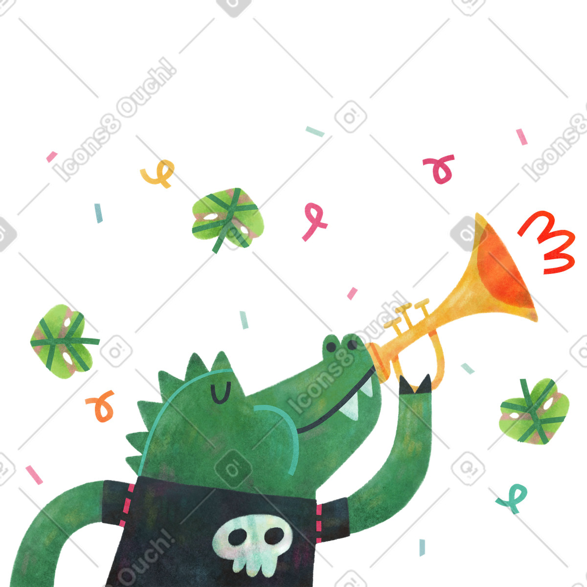 下载 Jungle 风格的 鳄鱼吹喇叭庆祝成功 插画，支持 PNG、SVG 格式