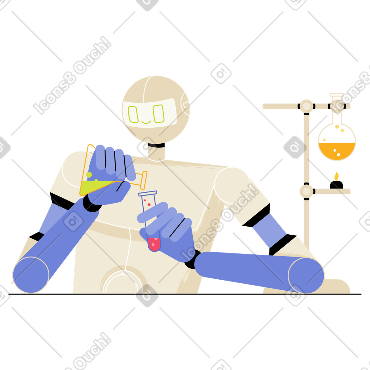 Robot in laboratorio che tiene le fiasche illustrazione stile Juicy scarica PNG, SVG