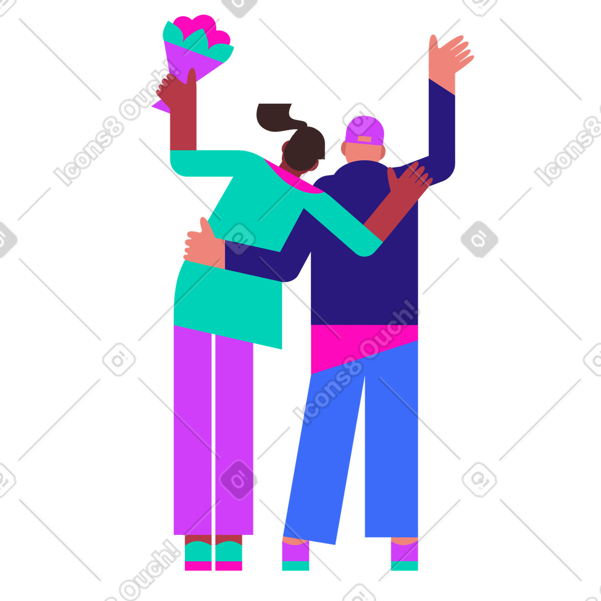 Woman with flower bouquet hugging man in cap illustration Basic style download PNG, SVG