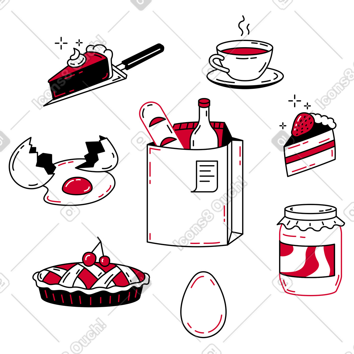 Breakfast foods, grocery bag and cup of tea illustration in Ruby style download in PNG, SVG
