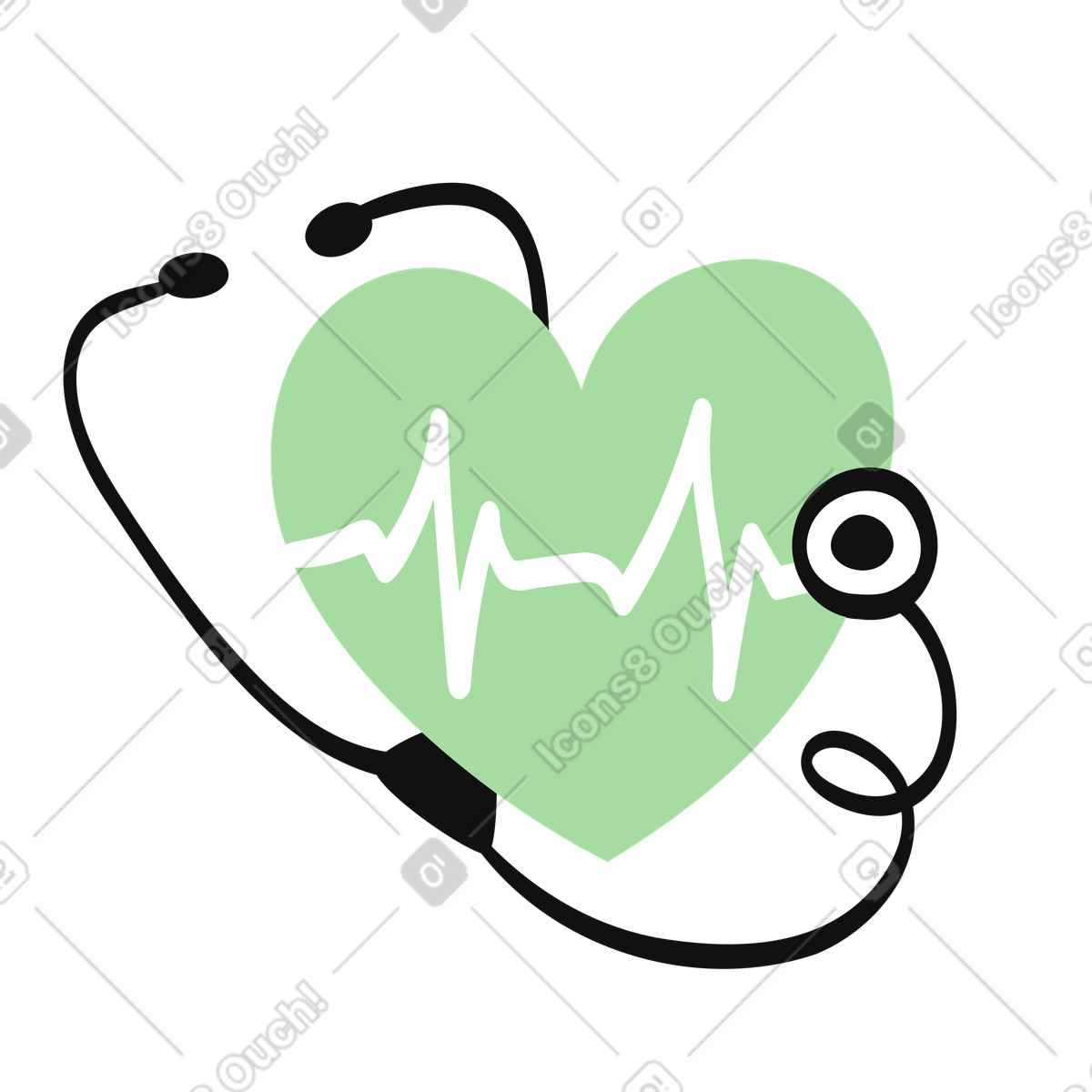下载 Organic 风格的 Stethoscope surrounding green heart with white cardiogram pulse line 插画，支持 PNG、SVG 格式