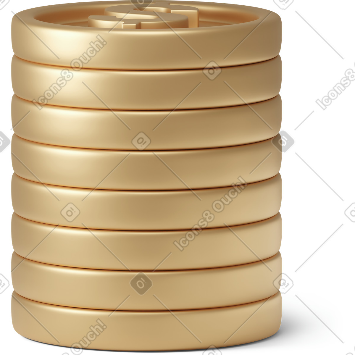 Illustration Pile of eight golden dollar coins dans le style 3D Business à télécharger aux formats PNG, SVG
