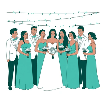 A group of bridesmaids wearing matching teal dresses stands together, smiling brightly. Each bridesmaid is holding a small bouquet of white flowers. The groomsmen, dressed in sleek white tuxedos with teal bow ties, are positioned around the bridesmaids, leaning in with cheerful expressions. In the background, there are twinkling white fairy lights strung across the venue, creating a festive atmosphere. The bride, wearing a stunning white gown, is at the center, surrounded by her party, all posing joyfully for the photo.