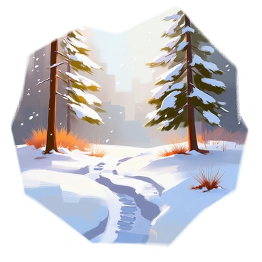 A snowy forest scene featuring animal tracks leading through the fresh snow. The tracks are visible in the foreground, showing a clear path that meanders through the trees. Tall pine trees, their branches heavy with snow, surround the area, casting soft shadows on the ground. A gentle snowfall adds to the serene atmosphere, with flakes drifting softly from the overcast sky. Small shrubs and patches of frozen ground are interspersed among the snow-covered landscape.