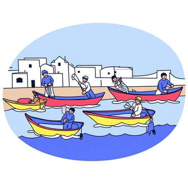 A coastal village by the sea with whitewashed buildings lining the shore. The scene features several colorful wooden fishing boats, painted in bright hues of blue, red, and yellow, bobbing gently on the waves. Fishermen are actively working, casting nets or hauling in their catch, wearing simple clothing appropriate for their labor. The clear blue sky is visible above, and gentle waves roll onto the sandy beach.