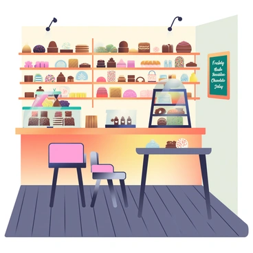 A cozy Belgian chocolate shop features wooden shelves filled with an array of artisanal chocolates. The shop has a warm ambiance created by soft, golden lighting that highlights the rich colors of the chocolates. Various chocolate shapes and sizes are beautifully arranged on the shelves, including dark, milk, and white chocolates. Some chocolates are adorned with colorful sprinkles and delicate designs. A glass display case showcases specialty truffles and seasonal treats, while a chalkboard sign hangs on the wall, writing "Freshly Made Chocolate Daily". A small table in the corner has two chairs, inviting customers to sit and enjoy their treats. The floor is made of dark wooden planks, enhancing the cozy atmosphere of the shop.