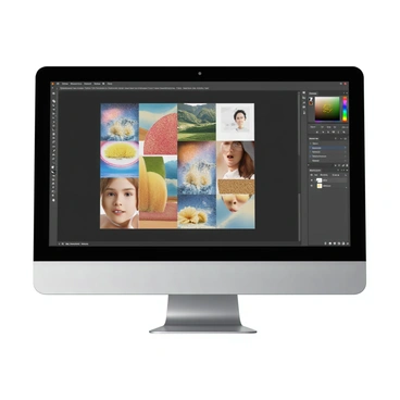 A computer screen displaying a digital workspace with a collage software interface open. The screen features a grid layout showcasing multiple layers of images being manipulated. There are colorful photographs, textures, and illustrations arranged in an artistic manner. Some images are being resized or rotated, while others are partially transparent, allowing layers beneath to show through. On the sidebar, there are tools for cropping, adjusting colors, and adding effects. The workspace has a clean design with a dark background, making the vibrant images stand out.