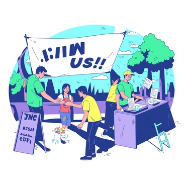 A group of volunteers is setting up various booths and banners in a vibrant outdoor setting. In the foreground, a volunteer wearing a teal shirt is carefully erecting a large banner that reads "Join Us!" in bold letters. Nearby, two volunteers in yellow shirts are assembling a booth filled with pamphlets and informational materials. Another volunteer is hanging up colorful decorations on a smaller booth to attract attention. The atmosphere is lively, with the sun shining down, and people are gathered around, chatting and helping out.