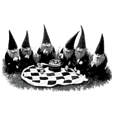 A group of gnomes is sitting on a checkered blanket spread out on the grass. The gnomes have distinct features, including pointy hats and colorful outfits. They are engaged in various activities, such as eating food from a picnic basket and enjoying drinks. Surrounding them, there are various plants and flowers, adding to the natural atmosphere of the scene. The sun is shining down, casting soft shadows on the blanket and the gnomes.