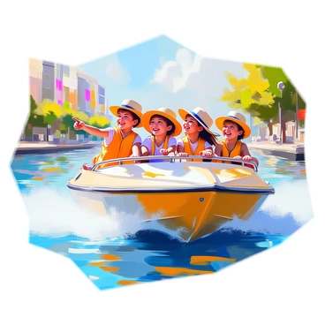 Children leaning over the railings of a water taxi, excitedly pointing at the passing scenery