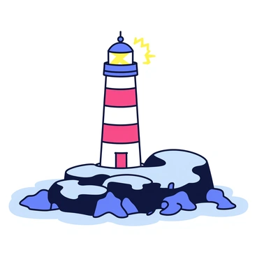 A tall lighthouse with a white and red striped design stands on a rugged rocky coast. The lighthouse has a bright light at the top emitting a spark-like beam that pierces through the dense fog. Surrounding the lighthouse are dark, jagged rocks partially covered with sea foam. The fog wraps around the scene, creating a soft, muted atmosphere.